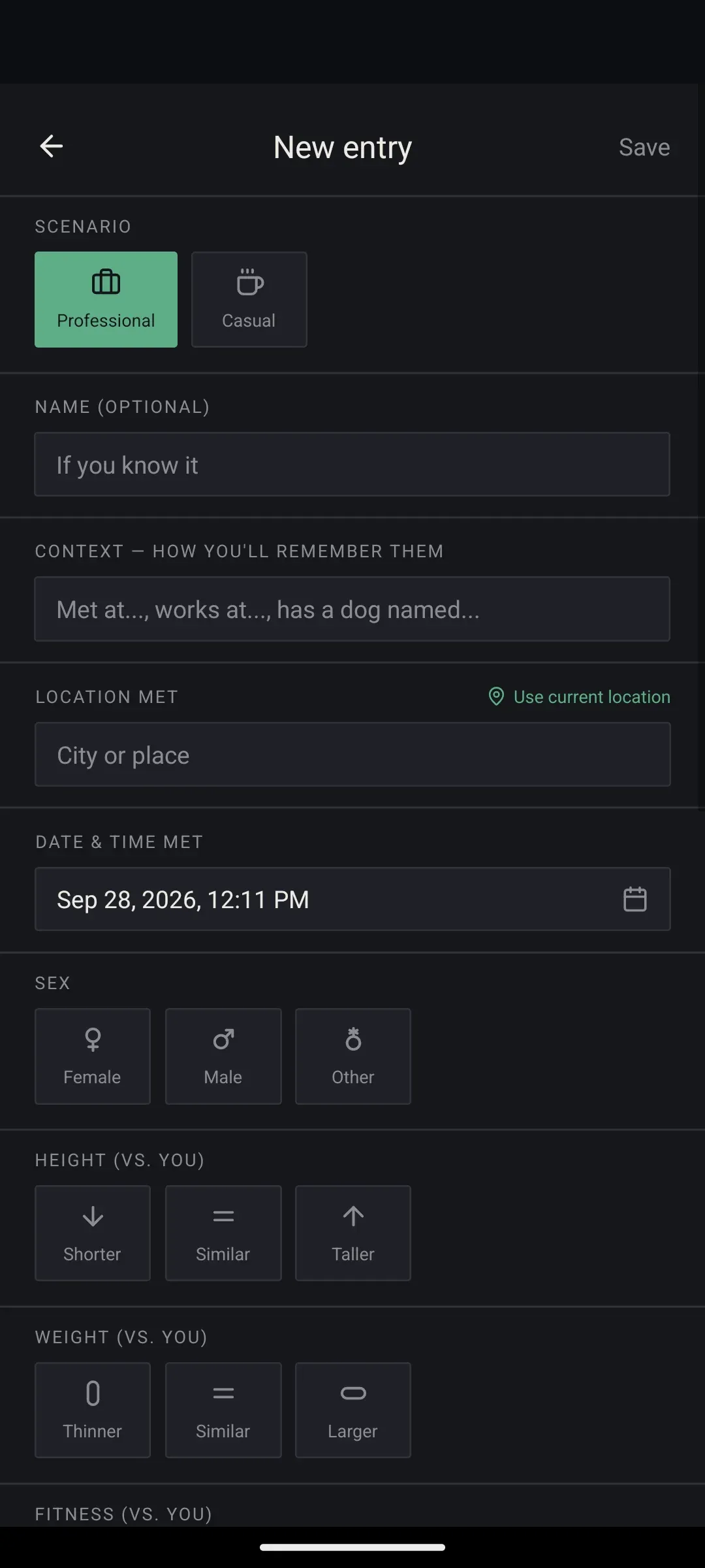 Adding a new entry with scenario, context and location