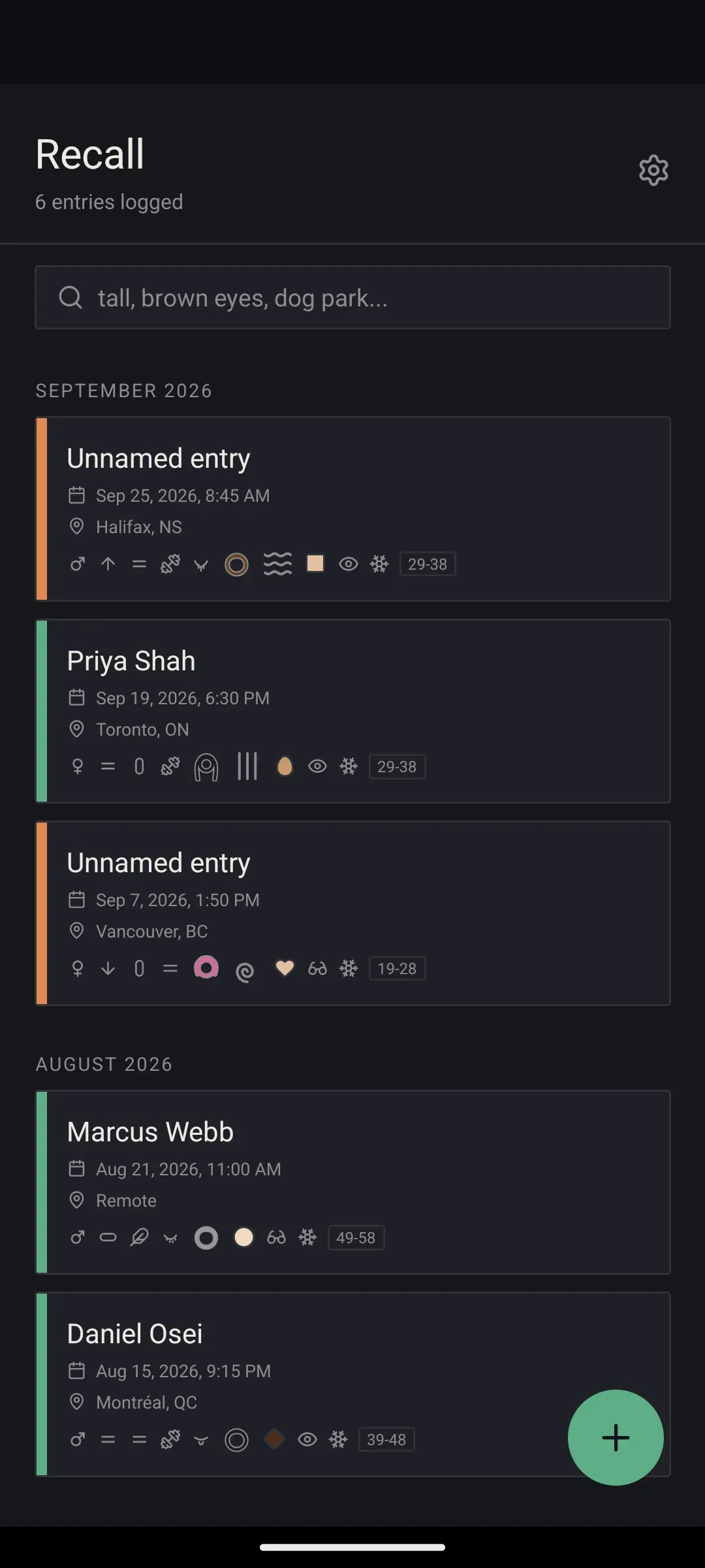 Recall screen listing logged people, with search